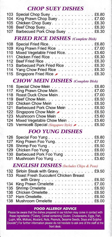 Menu of Ho Wah,Chinese Menai Bridge